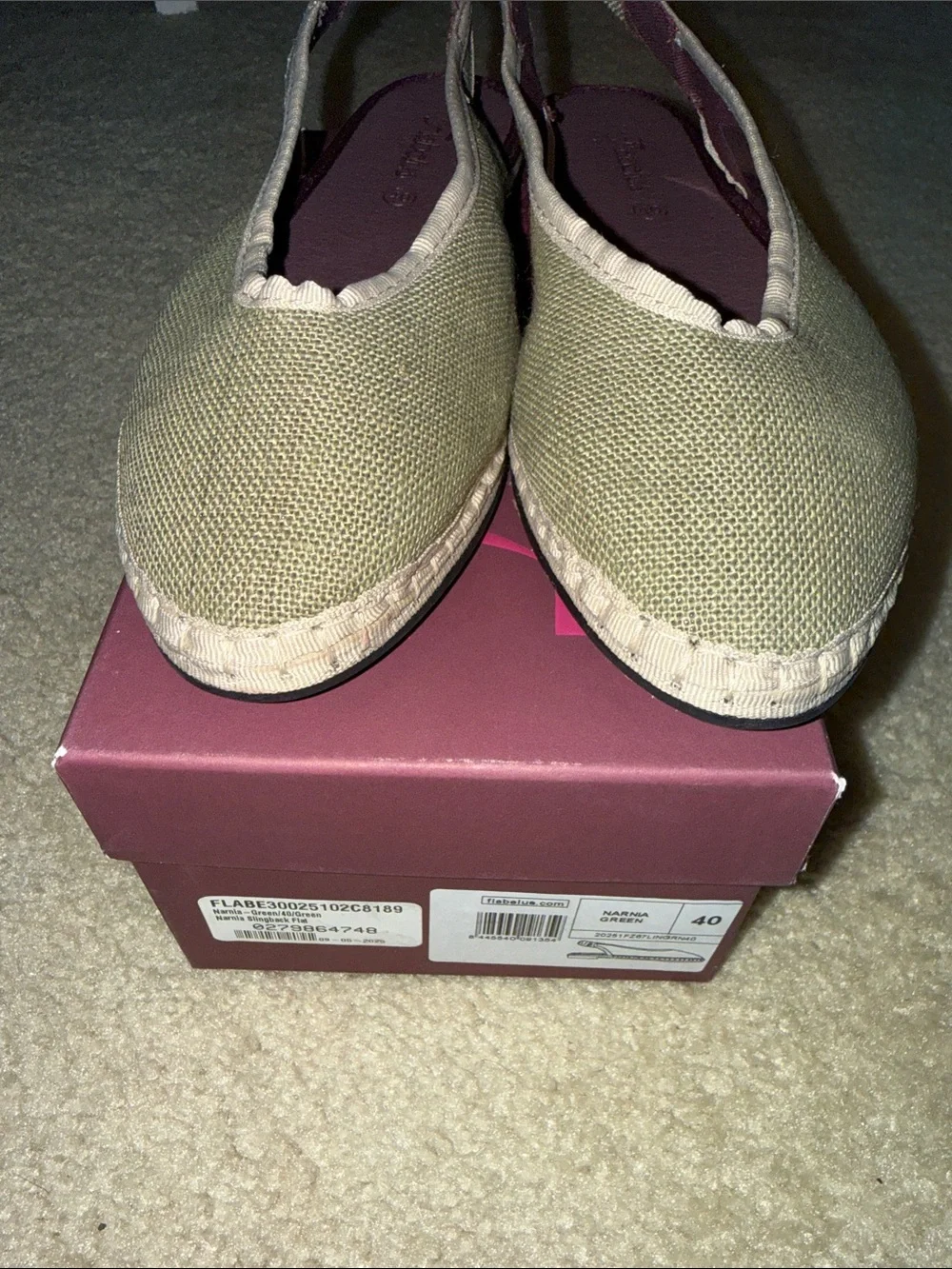 Flabelus Olive Canvas Slingback Flats with Beige Trim - Picture 7 of 7
